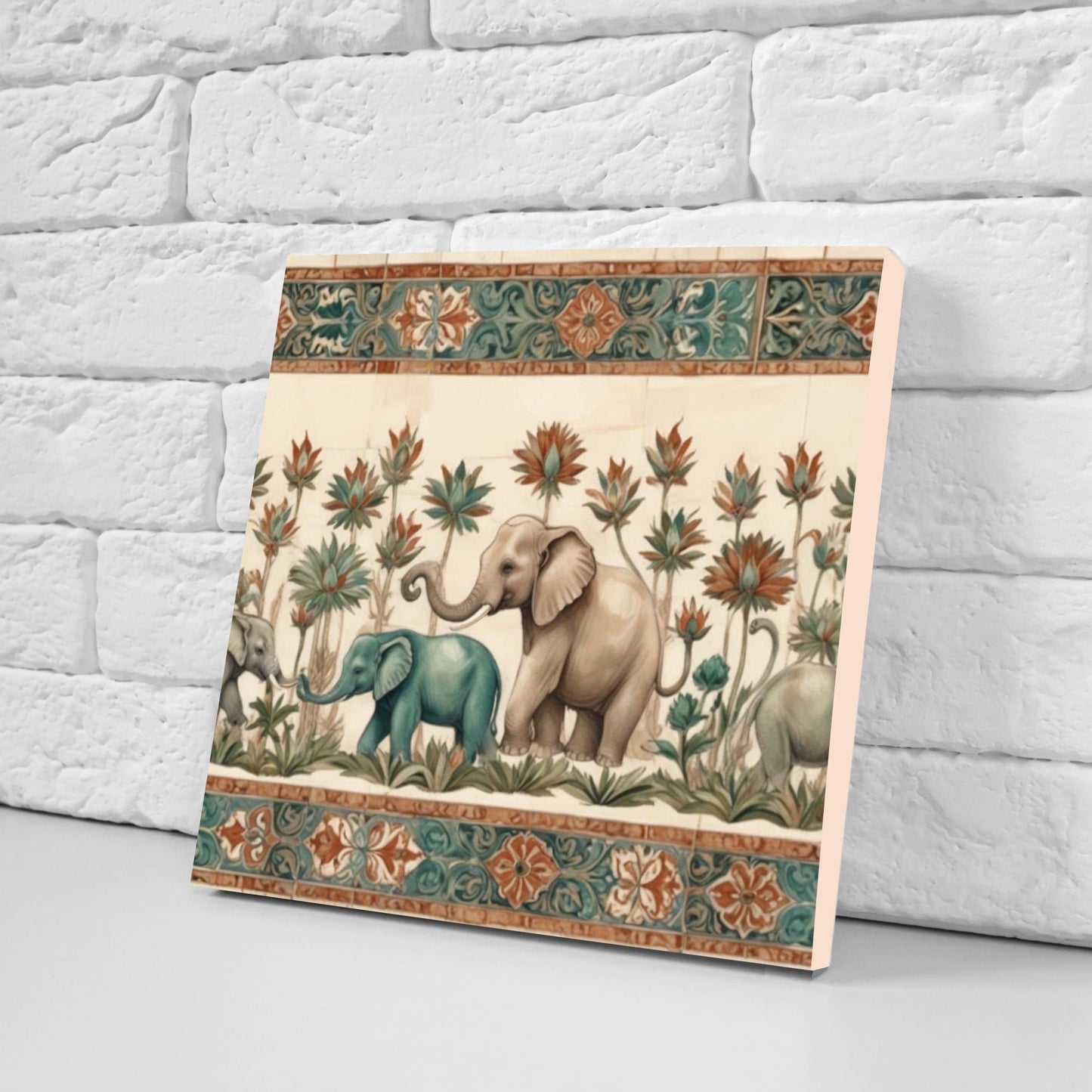 Indian Elephant Ceramic Gloss Wall Tiles Set of 2 - Elephant Wall Art Print - Elephant Mughal art - Elephant Home Decor - Elephant print