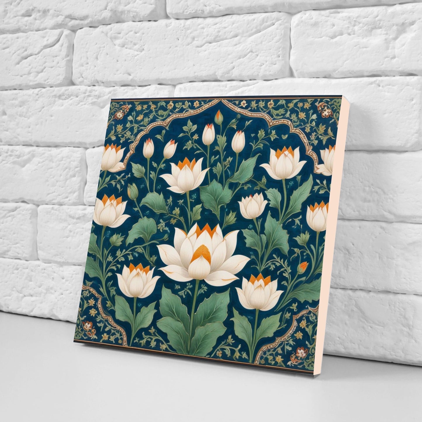 Flower Ceramic Gloss Wall Tiles Set of 2 - Lotus Wall Art Print - Indian Mughal art - Floral Home Decor - Lotus print - Mughal Wall Art