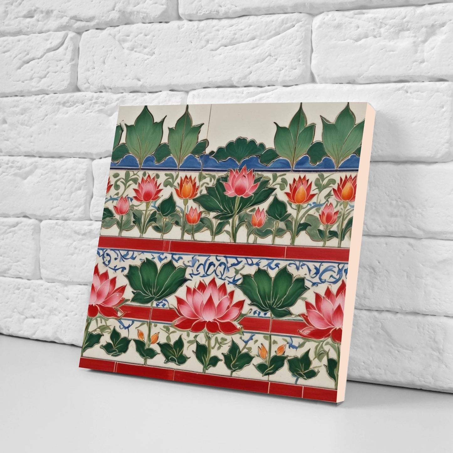 Flower Ceramic Gloss Wall Tiles Set of 2 - Lotus Wall Art Print - Indian Mughal art - Floral Home Decor - Lotus print - Mughal Wall Art