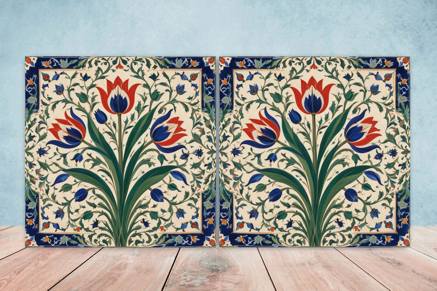 Flower Ceramic Gloss Wall Tiles Set of 2 - Tulip Wall Art Print - Indian Mughal art - Floral Home Decor - Tulips print - Mughal Wall Art