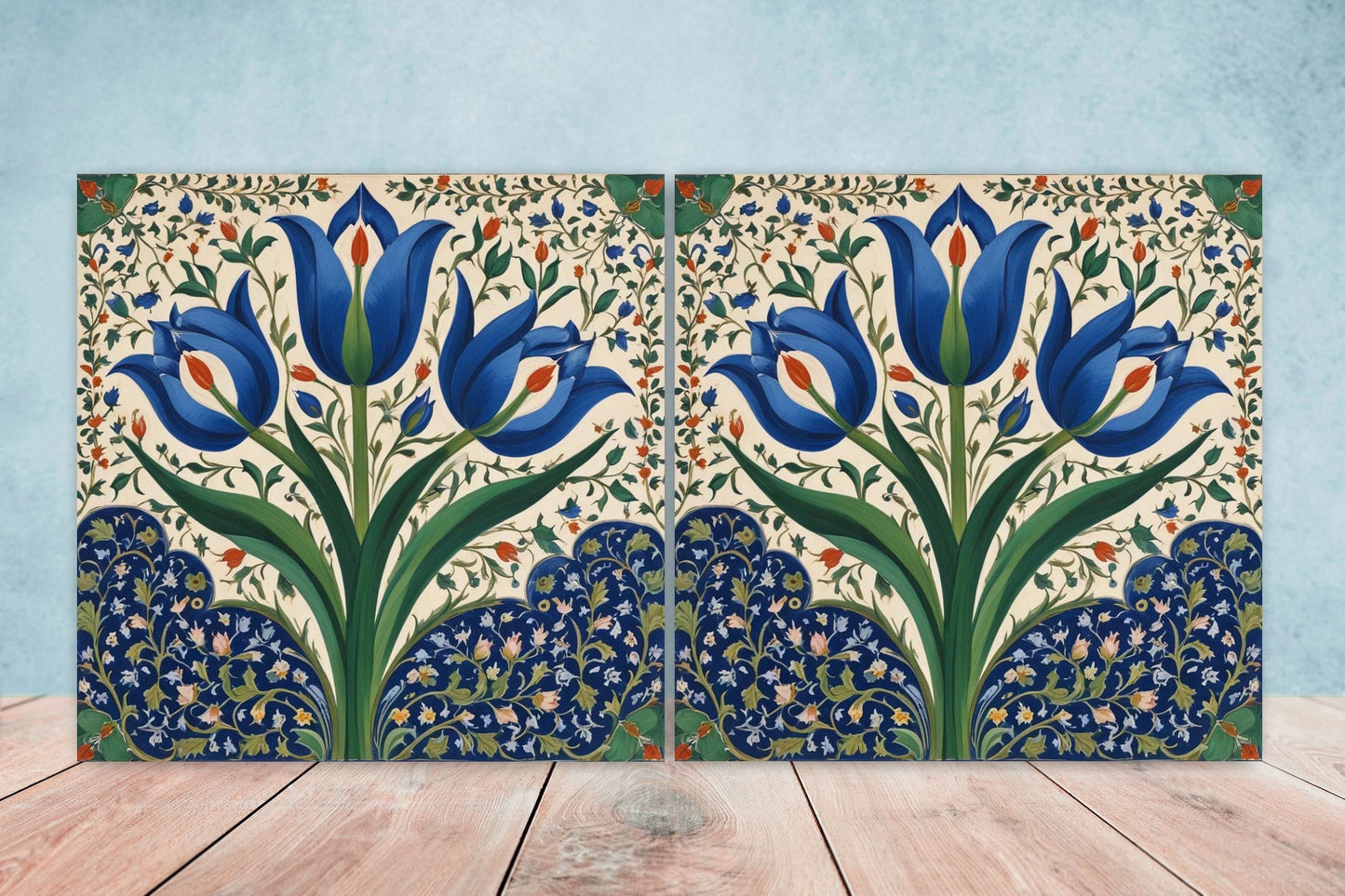 Flower Ceramic Gloss Wall Tiles Set of 2 - Tulip Wall Art Print - Indian Mughal art - Floral Home Decor - Tulips print - Mughal Wall Art