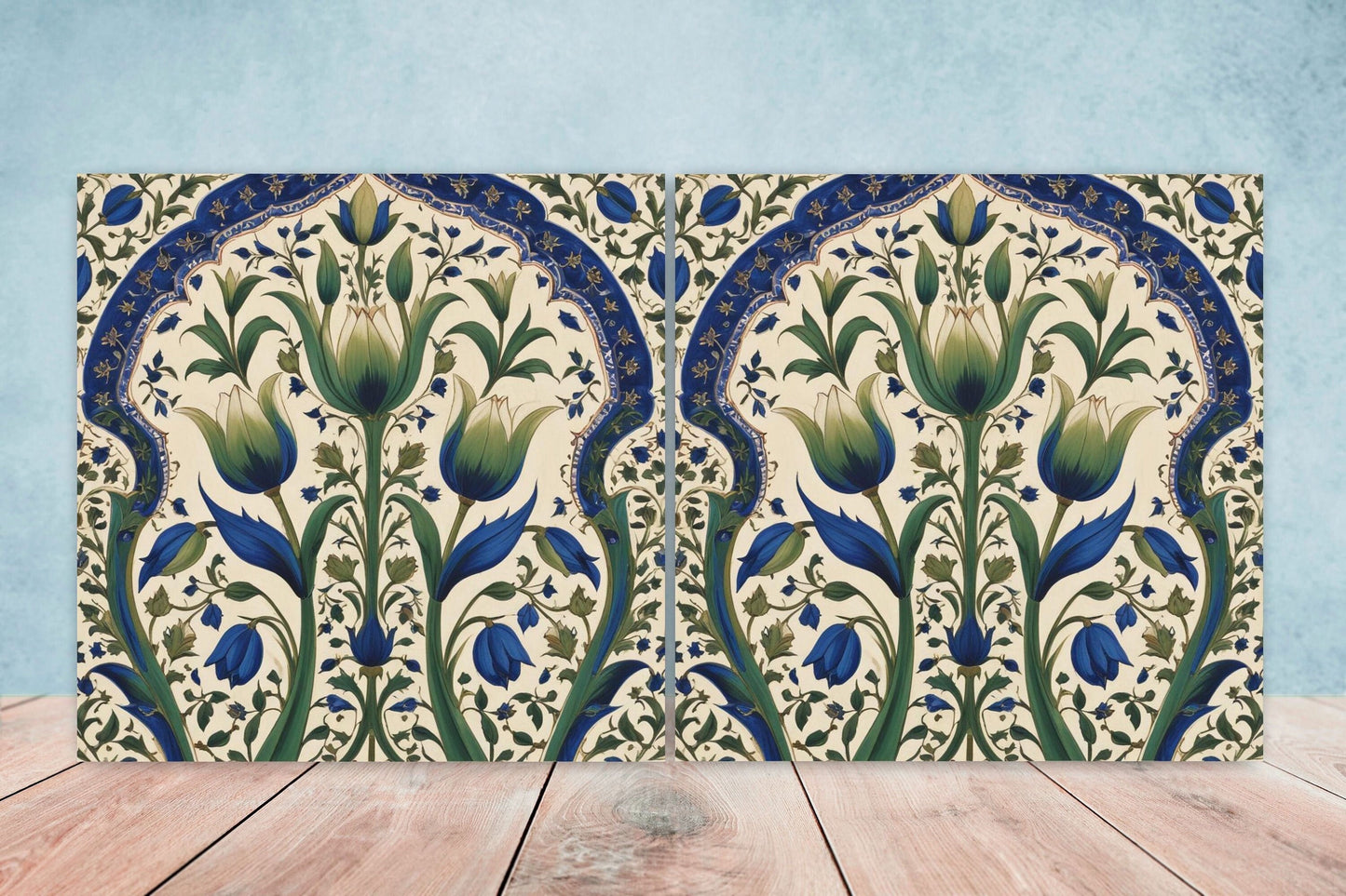 Flower Ceramic Gloss Wall Tiles Set of 2 - Tulip Wall Art Print - Indian Mughal art - Floral Home Decor - Tulips print - Mughal Wall Art