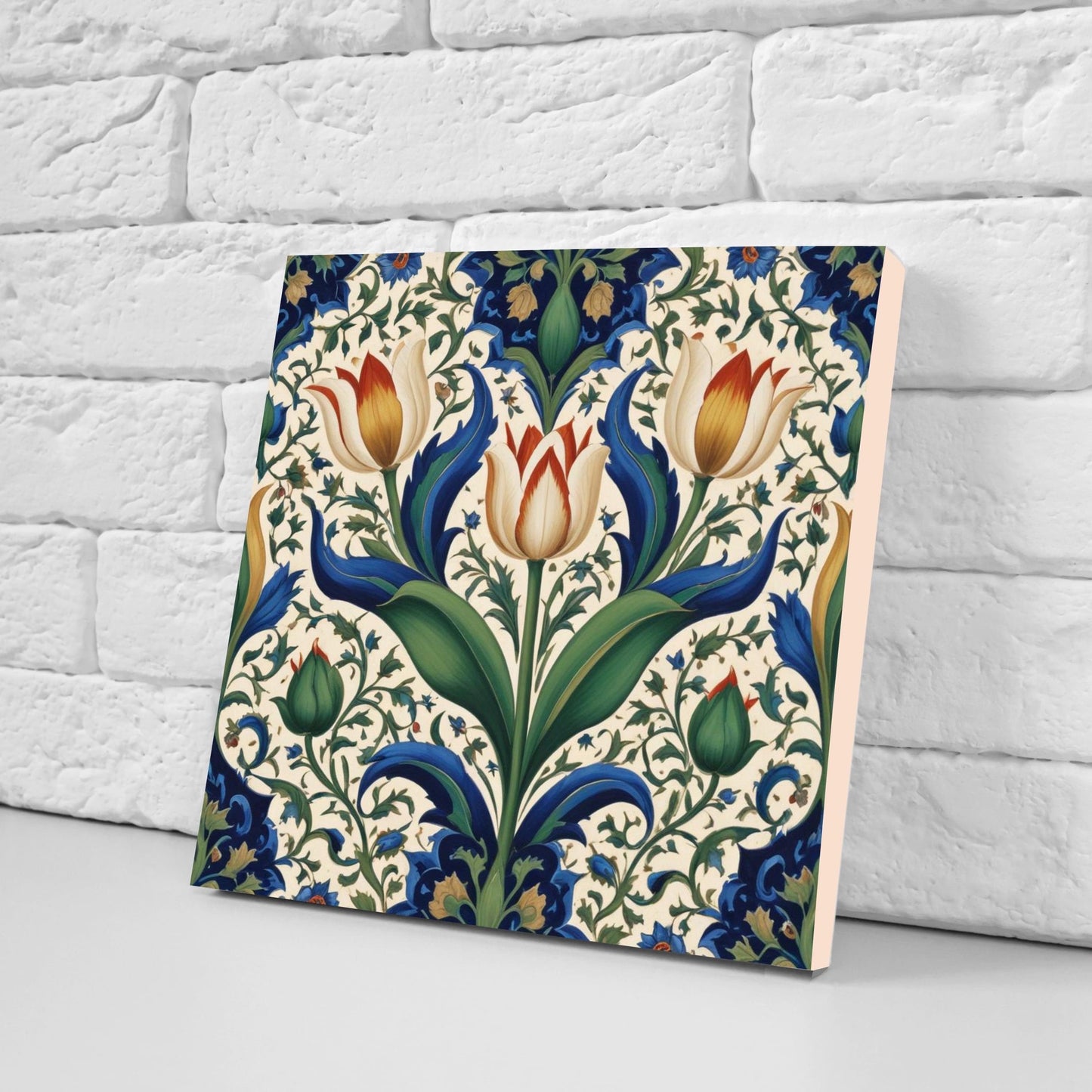 Flower Ceramic Gloss Wall Tiles Set of 2 - Tulip Wall Art Print - Indian Mughal art - Floral Home Decor - Tulips print - Mughal Wall Art