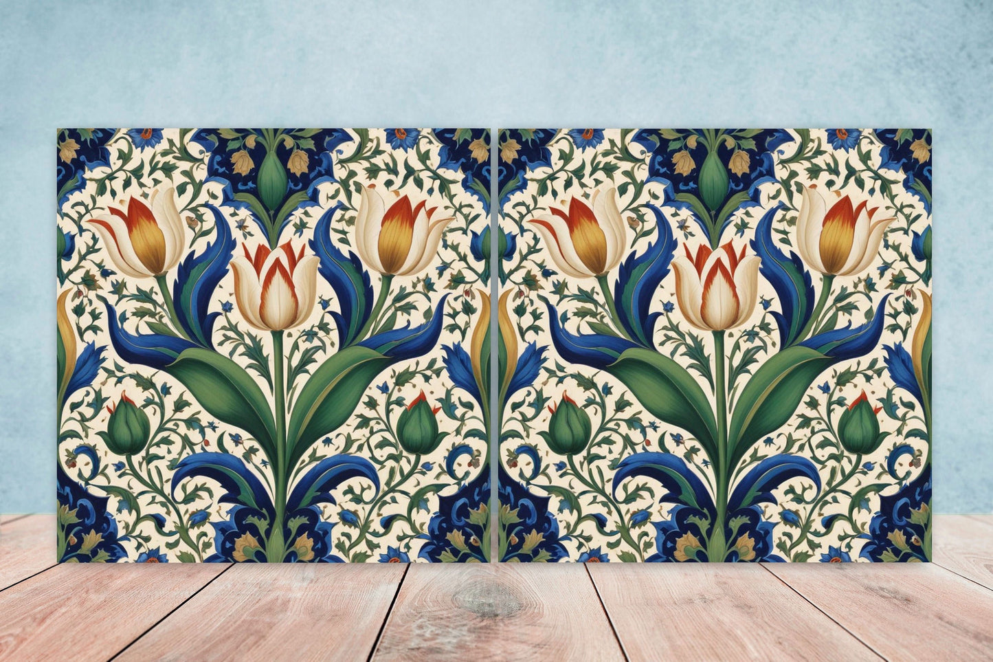 Flower Ceramic Gloss Wall Tiles Set of 2 - Tulip Wall Art Print - Indian Mughal art - Floral Home Decor - Tulips print - Mughal Wall Art