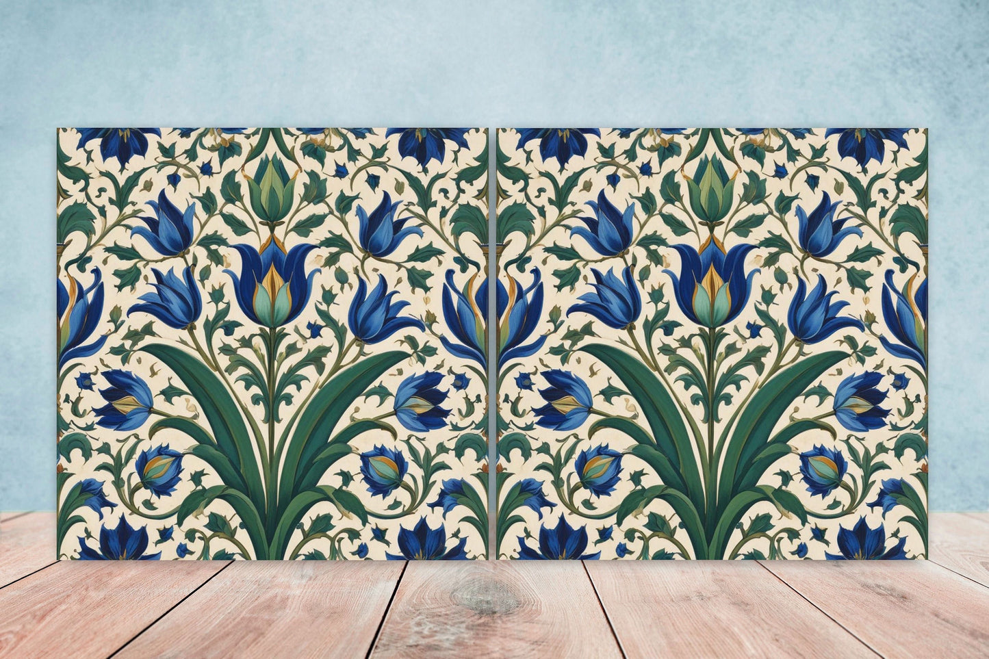 Flower Ceramic Gloss Wall Tiles Set of 2 - Tulip Wall Art Print - Indian Mughal art - Floral Home Decor - Tulips print - Mughal Wall Art