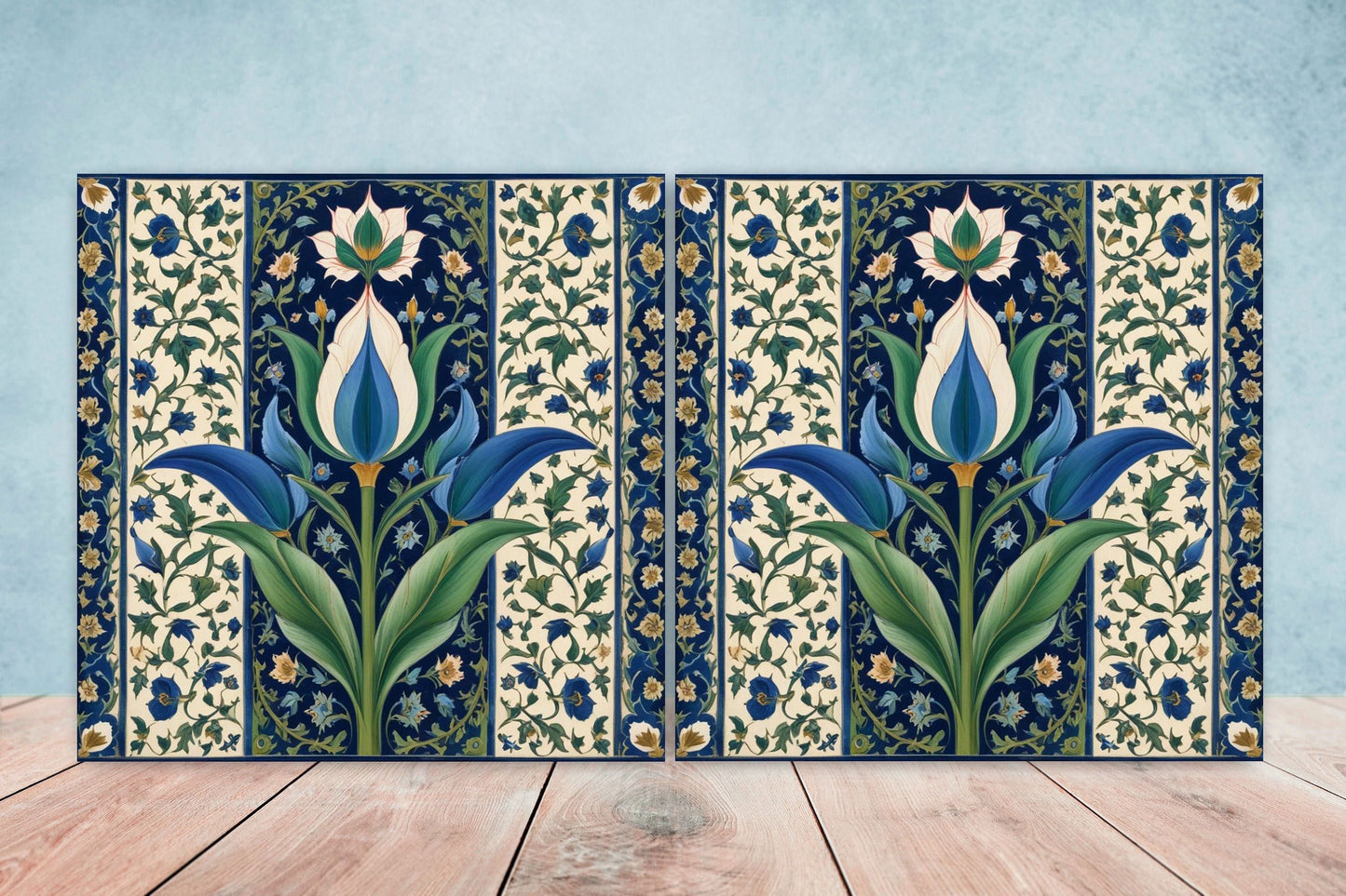 Flower Ceramic Gloss Wall Tiles Set of 2 - Tulip Wall Art Print - Indian Mughal art - Floral Home Decor - Tulips print - Mughal Wall Art