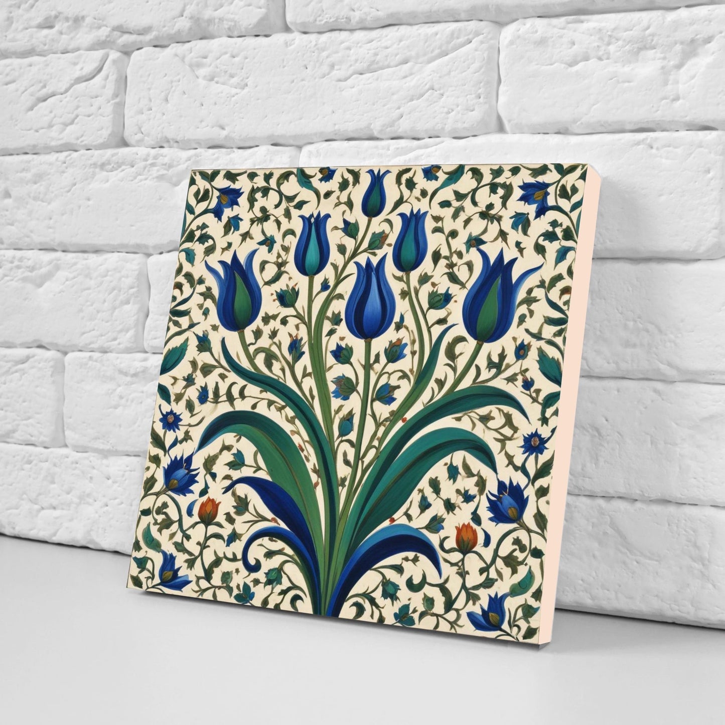Flower Ceramic Gloss Wall Tiles Set of 2 - Tulip Wall Art Print - Indian Mughal art - Floral Home Decor - Tulips print - Mughal Wall Art