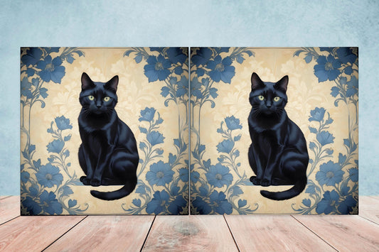 Art Nouveau Cat Ceramic tiles -Set of 2 Art Nouveau Cats Wall Decor Tiles, Kitchen Backsplash Tiles, Bathroom Tiles