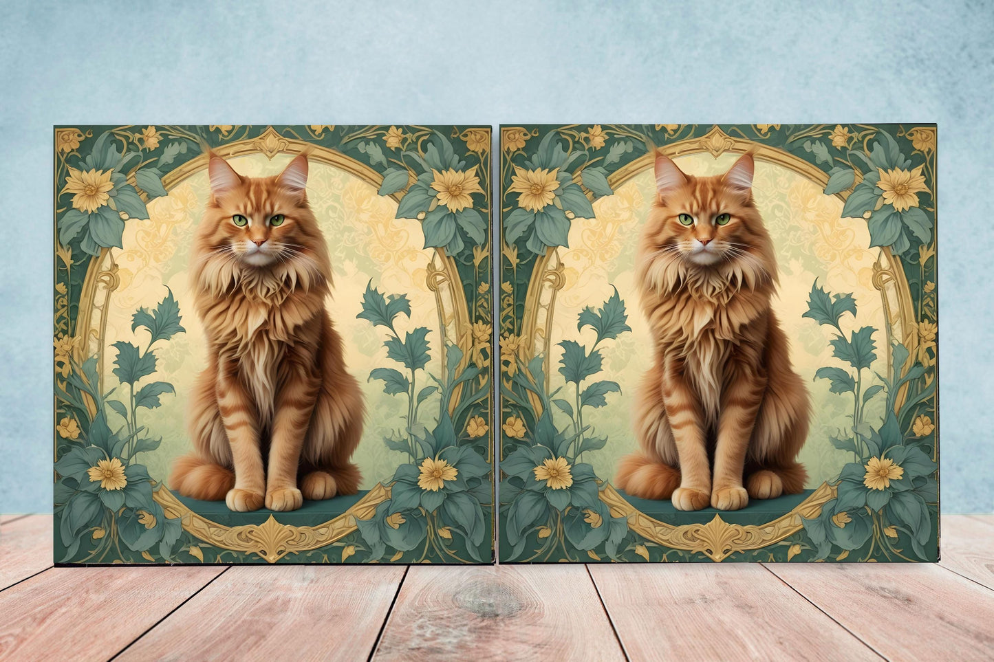 Art Nouveau Cat Ceramic tiles -Set of 2 Art Nouveau Cat Wall Decor Tiles, Kitchen Backsplash Tiles, Bathroom Tiles