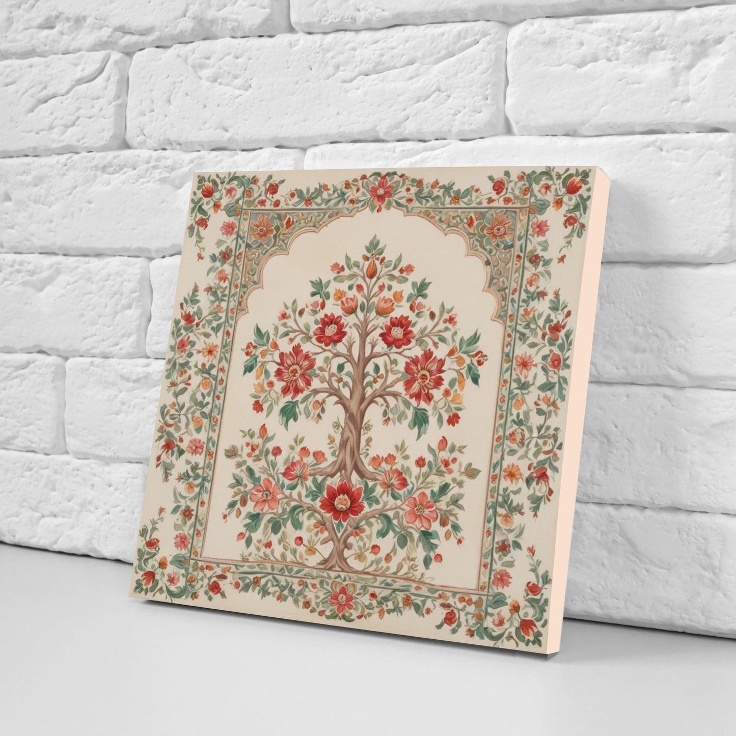 Flower Ceramic Gloss Wall Tiles Set of 2 - Botanical Wall Art Print - Indian Mughal art - Floral Home Decor - Botanical print - Mughal Wall
