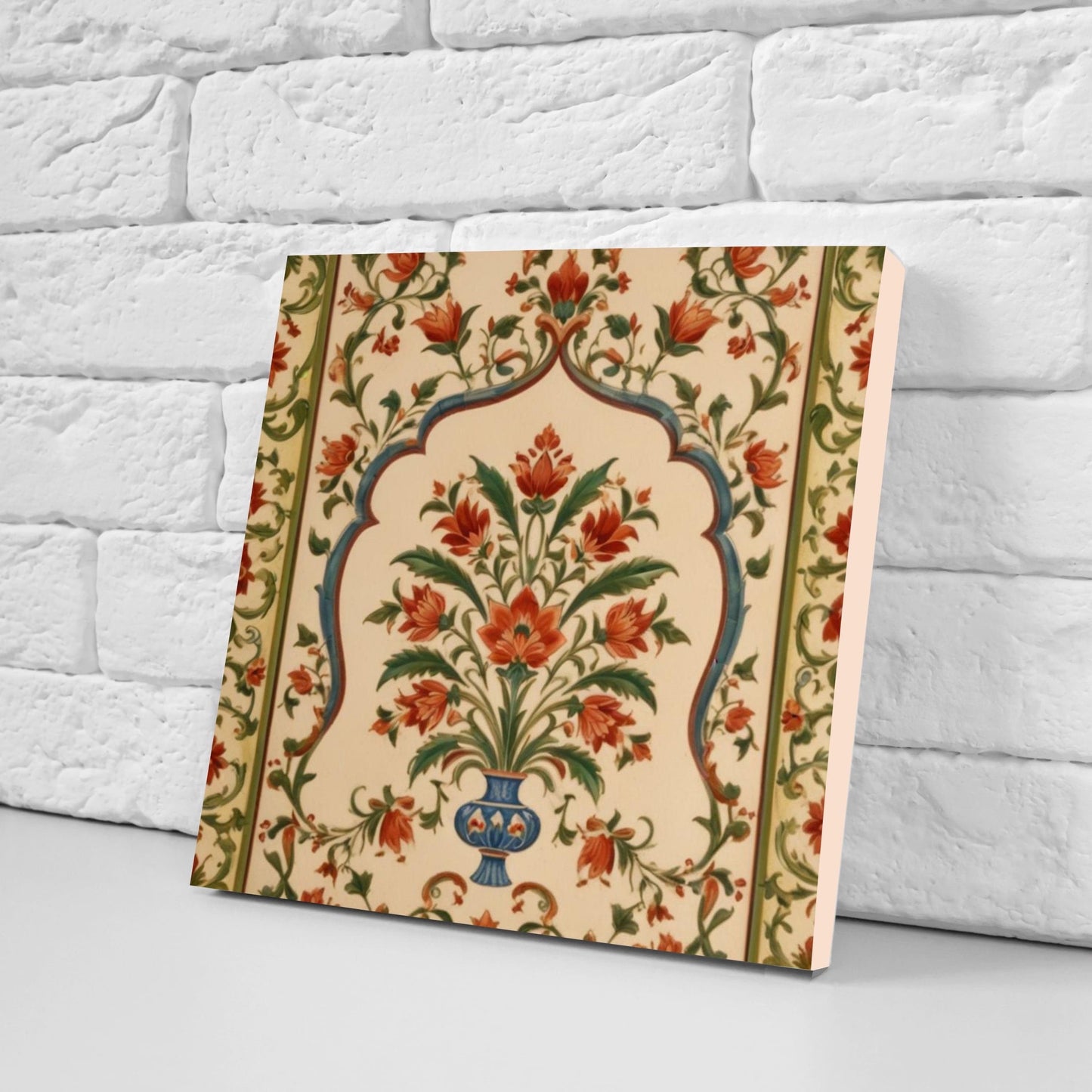 Flower Ceramic Gloss Wall Tiles Set of 2 - Botanical Wall Art Print - Indian Mughal art - Floral Home Decor - Botanical print - Mughal Wall