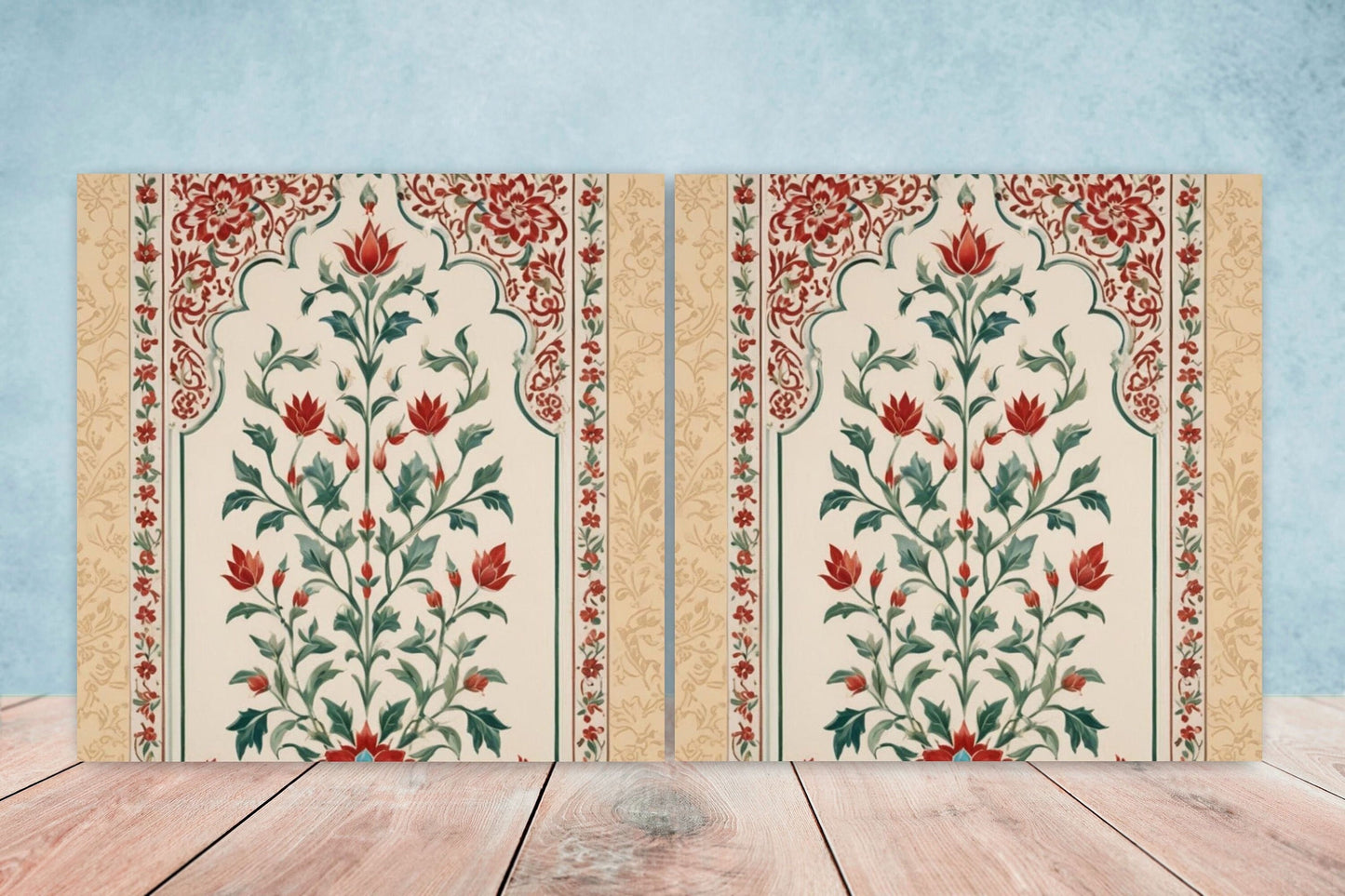 Flower Ceramic Gloss Wall Tiles Set of 2 - Botanical Wall Art Print - Indian Mughal art - Floral Home Decor - Botanical print - Mughal Wall