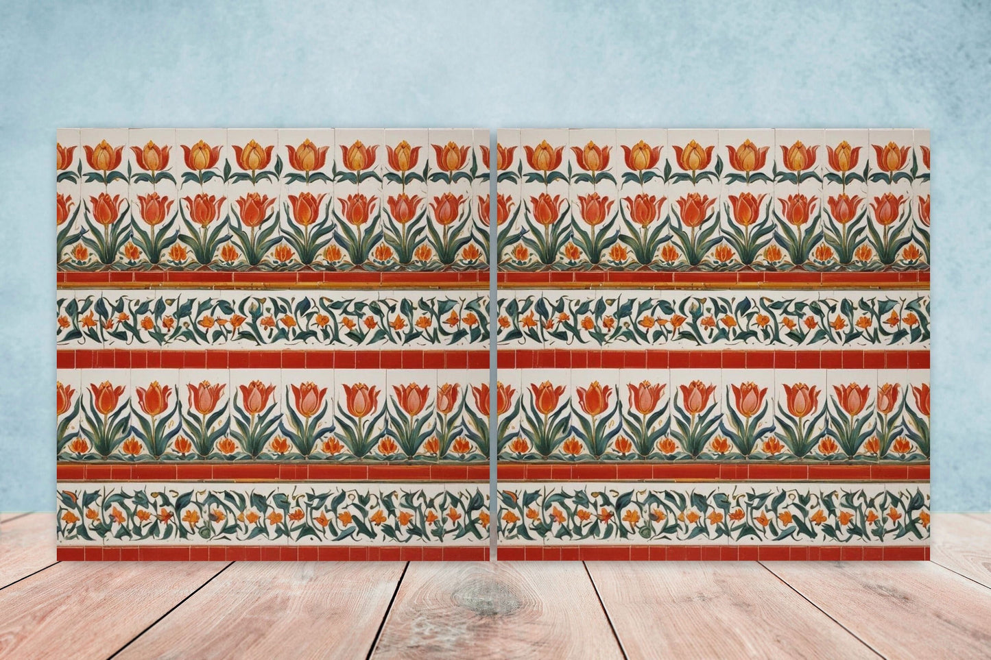 Flower Ceramic Gloss Wall Tiles Set of 2 - Tulip Wall Art Print - Indian Mughal art - Floral Home Decor - Tulips print - Mughal Wall Art