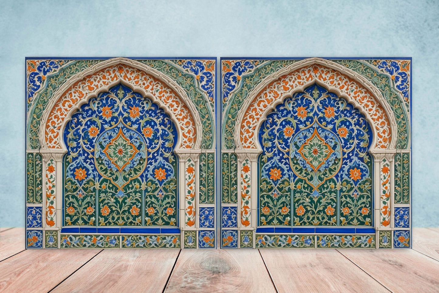 Flower Ceramic Gloss Wall Tiles Set of 2 - Botanical Wall Art Print - Indian Mughal art - Floral Home Decor - Botanical print - Mughal Wall