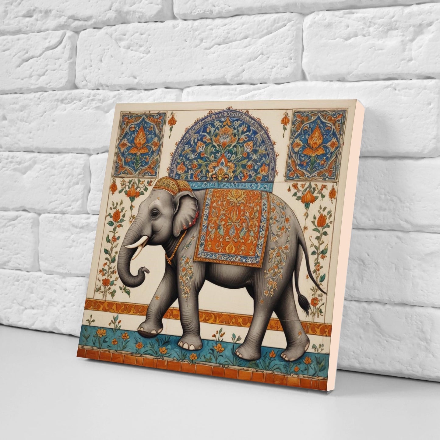 Indian Elephant Ceramic Gloss Wall Tiles Set of 2 - Elephant Wall Art Print - Elephant Mughal art - Elephant Home Decor - Elephant print