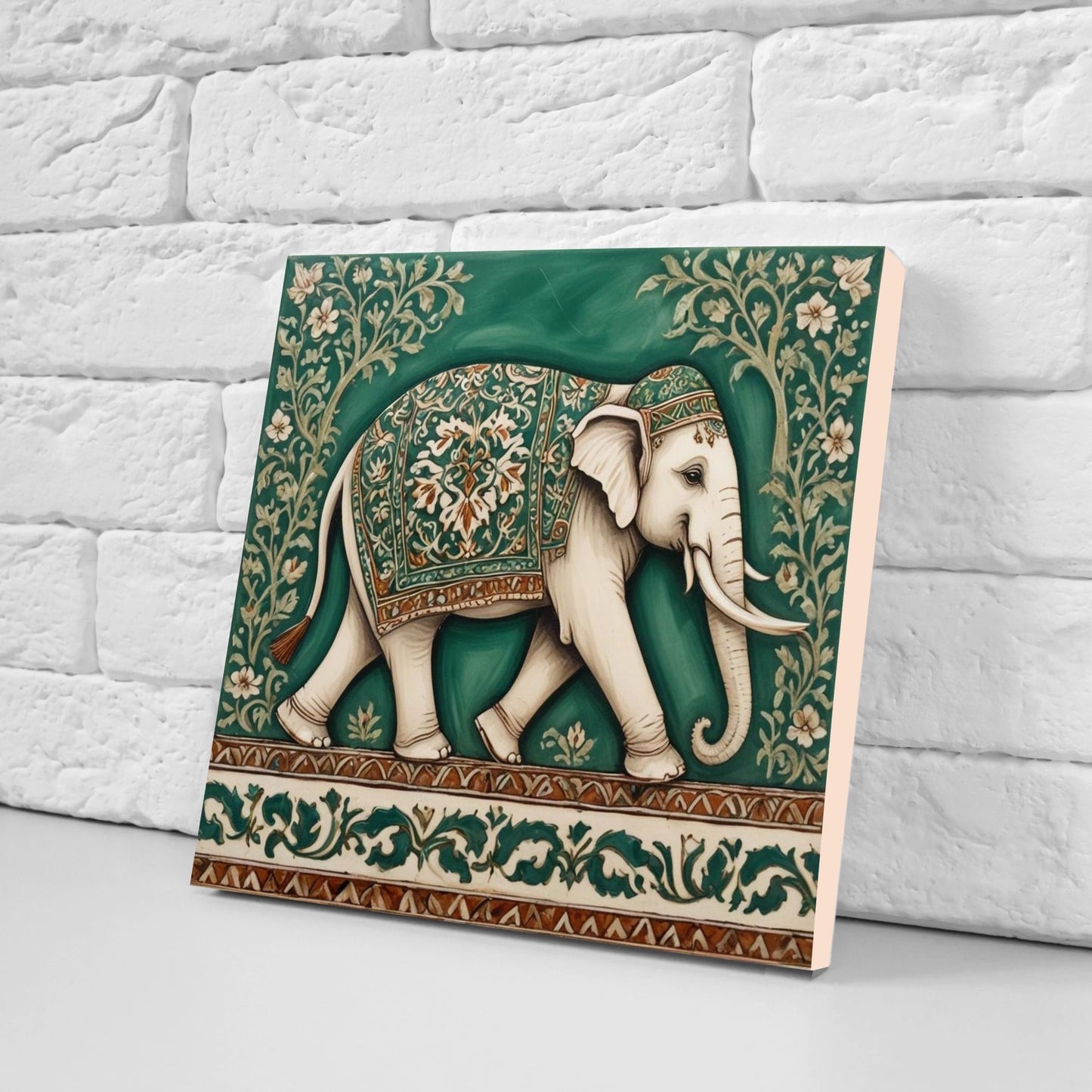 Indian Elephant Ceramic Gloss Wall Tiles Set of 2 - Elephant Wall Art Print - Elephant Mughal art - Elephant Home Decor - Elephant print