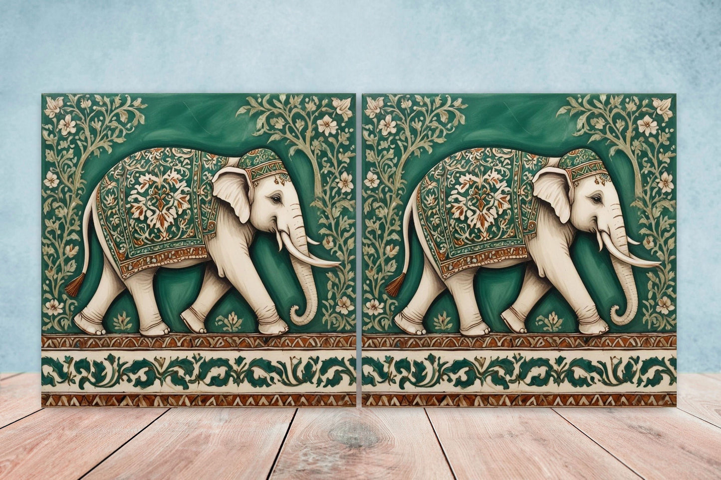 Indian Elephant Ceramic Gloss Wall Tiles Set of 2 - Elephant Wall Art Print - Elephant Mughal art - Elephant Home Decor - Elephant print