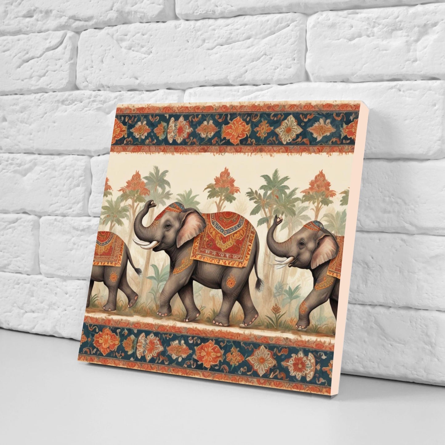 Indian Elephant Ceramic Gloss Wall Tiles Set of 2 - Elephant Wall Art Print - Elephant Mughal art - Elephant Home Decor - Elephant print