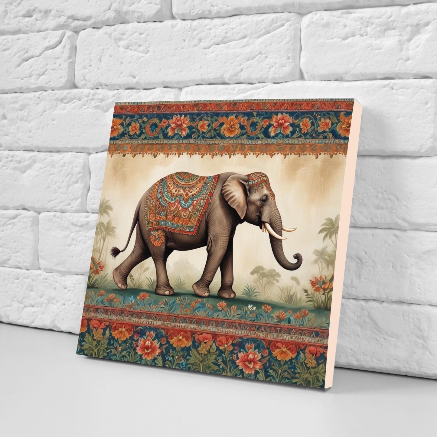 Indian Elephant Ceramic Gloss Wall Tiles Set of 2 - Elephant Wall Art Print - Elephant Mughal art - Elephant Home Decor - Elephant print
