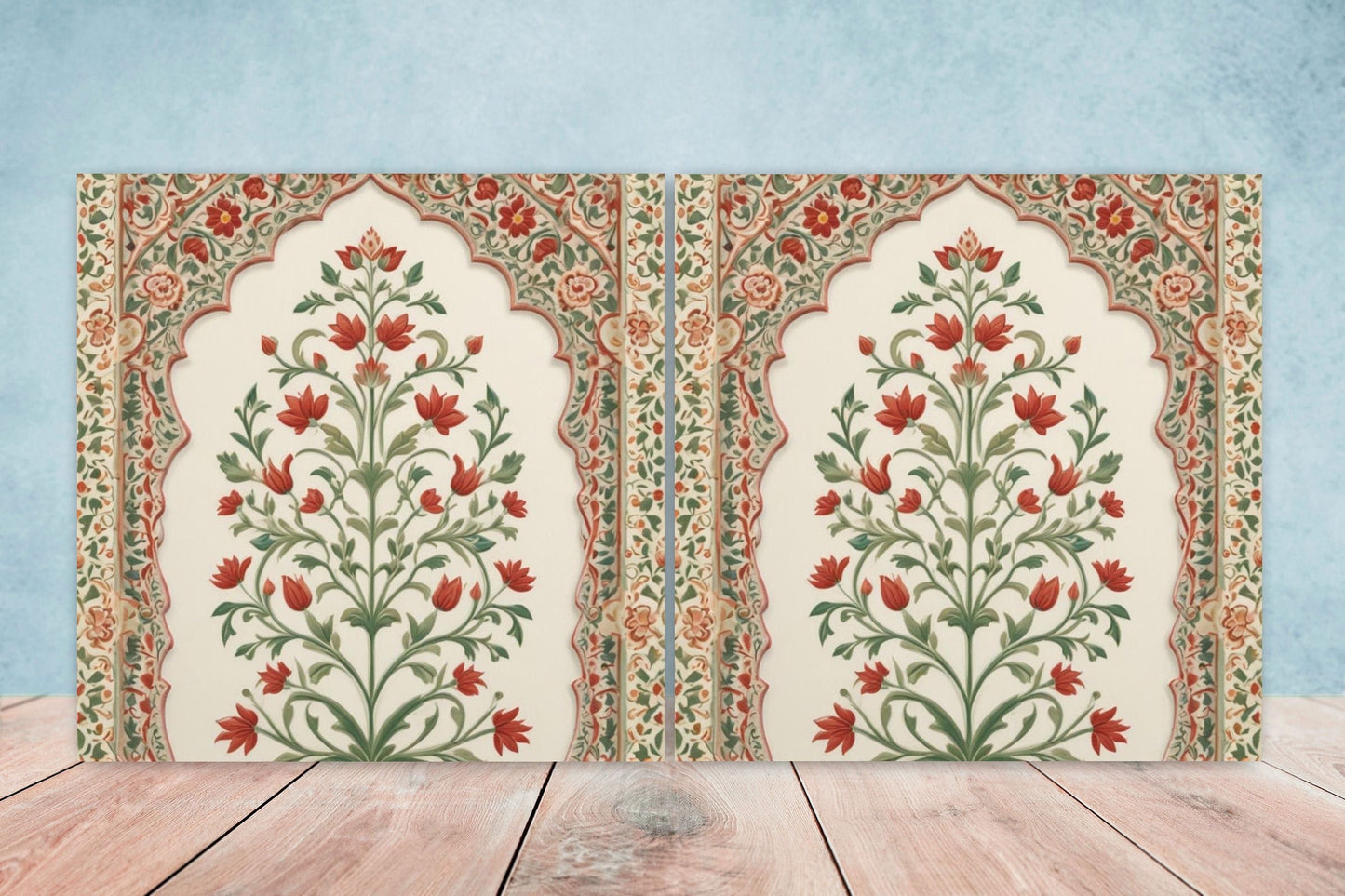 Flower Ceramic Gloss Wall Tiles Set of 2 - Botanical Wall Art Print - Indian Mughal art - Floral Home Decor - Botanical print - Mughal Wall