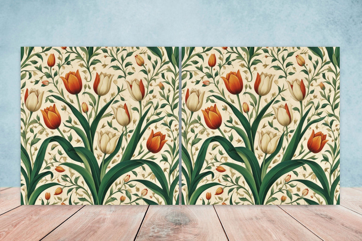 Flower Ceramic Gloss Wall Tiles Set of 2 - Tulip Wall Art Print - Indian Mughal art - Floral Home Decor - Tulips print - Mughal Wall Art