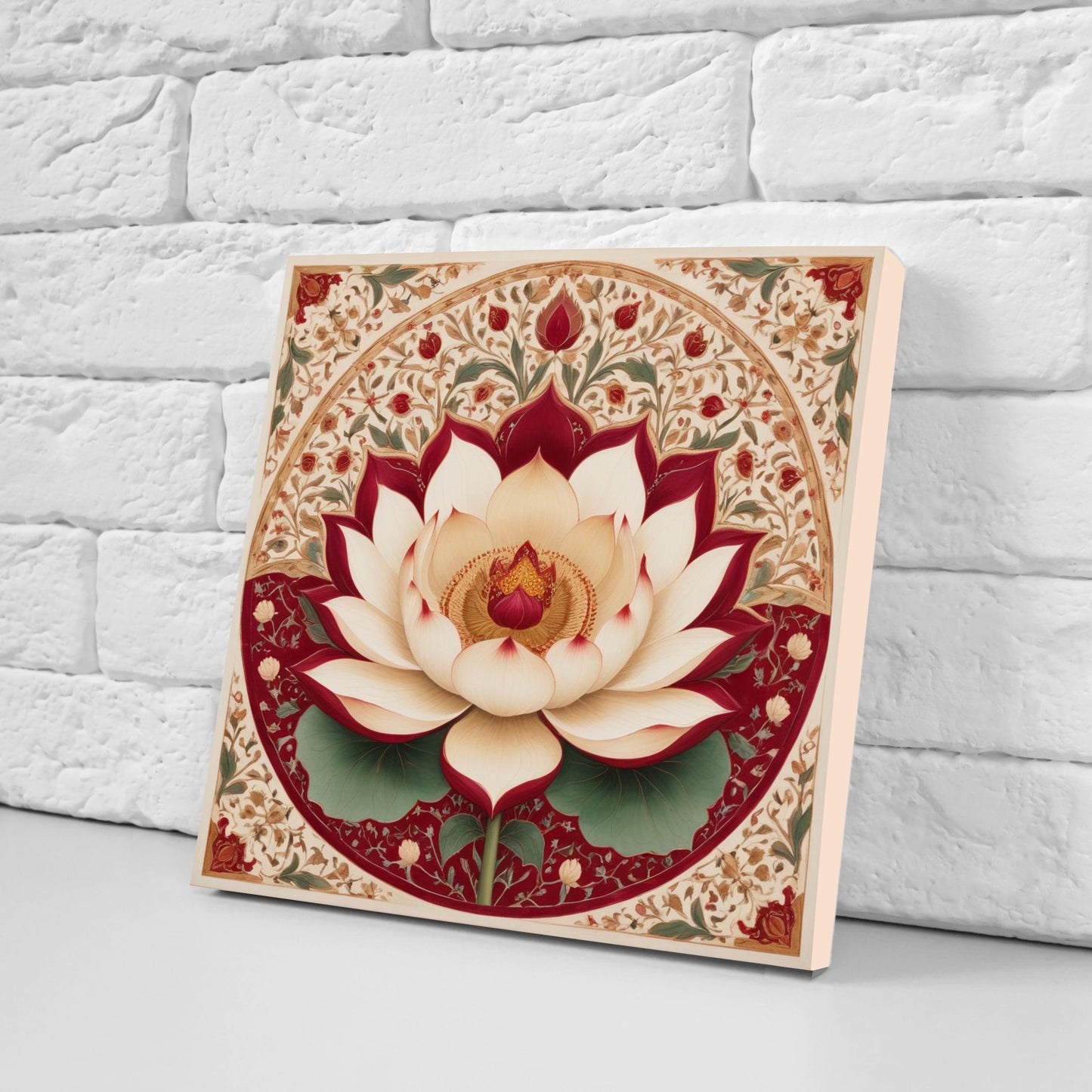 Flower Ceramic Gloss Wall Tiles Set of 2 - Lotus Wall Art Print - Indian Mughal art - Floral Home Decor - Lotus print - Mughal Wall Art