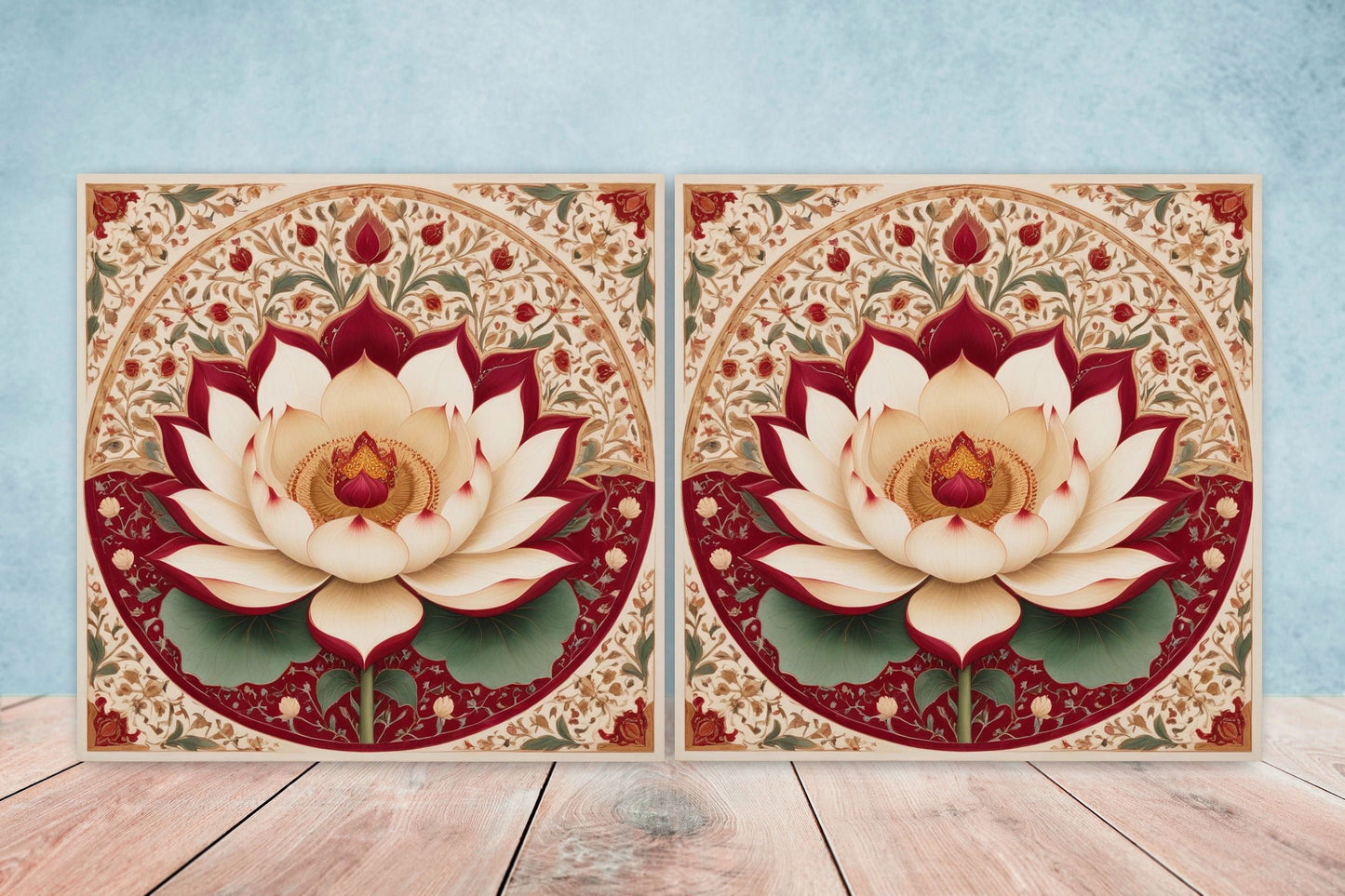 Flower Ceramic Gloss Wall Tiles Set of 2 - Lotus Wall Art Print - Indian Mughal art - Floral Home Decor - Lotus print - Mughal Wall Art