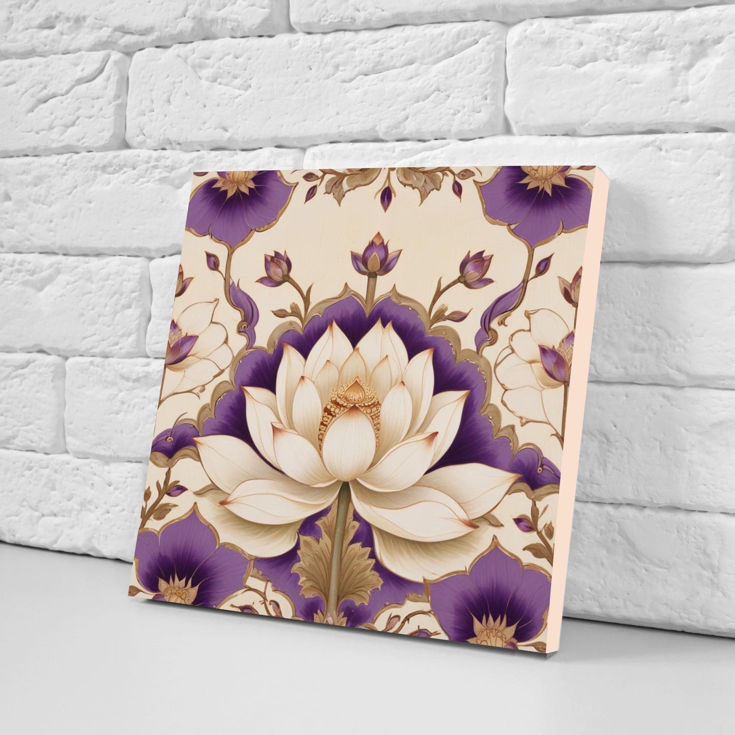 Flower Ceramic Gloss Wall Tiles Set of 2 - Lotus Wall Art Print - Indian Mughal art - Floral Home Decor - Lotus print - Mughal Wall Art