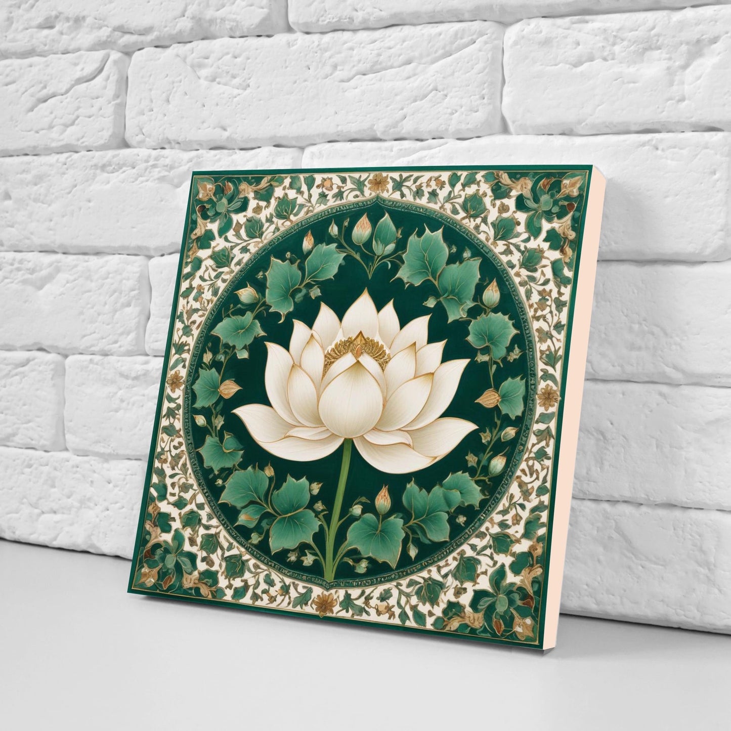 Flower Ceramic Gloss Wall Tiles Set of 2 - Lotus Wall Art Print - Indian Mughal art - Floral Home Decor - Lotus print - Mughal Wall Art