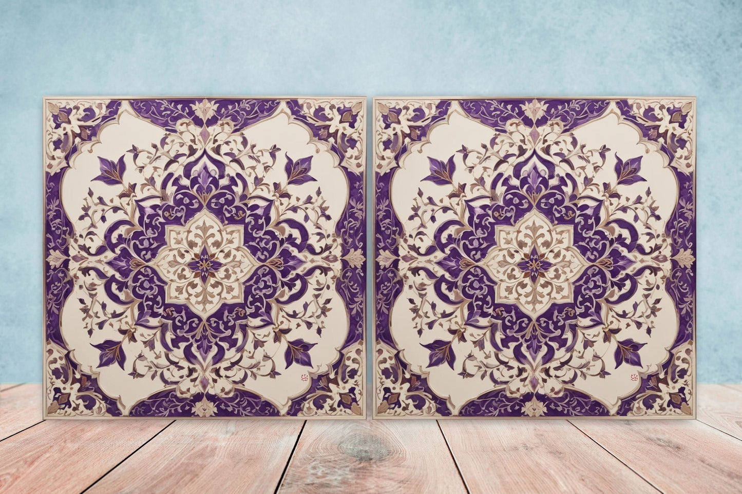 Flower Ceramic Gloss Wall Tiles Set of 2 - Botanical Wall Art Print - Indian Mughal art - Floral Home Decor - Botanical print - Mughal Wall