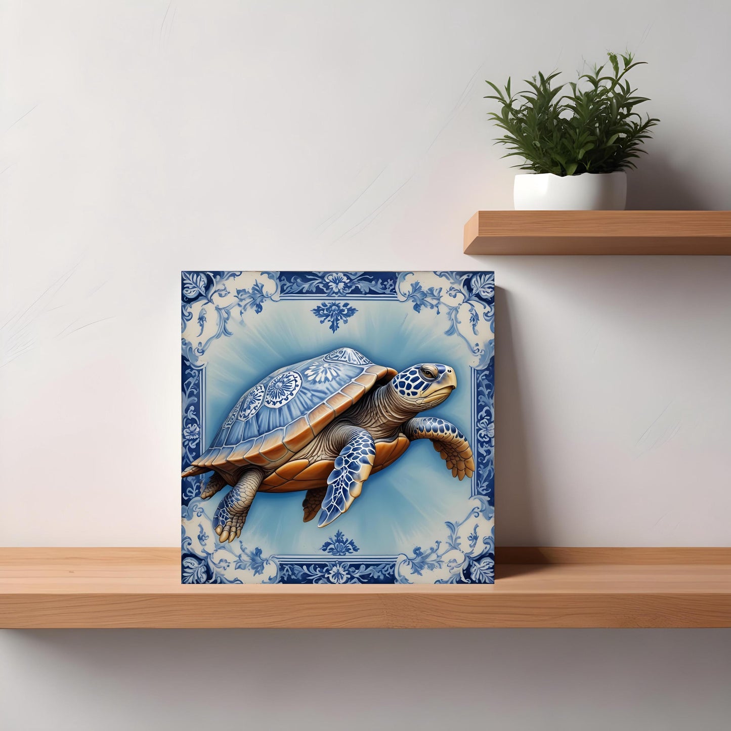 Delft Blue Turtle Ceramic Tiles - Set of 2 Ceramic Tiles - Turtle print Kitchen Backsplash Tiles -Bathroom Tiles -Turtle ceramic tiles