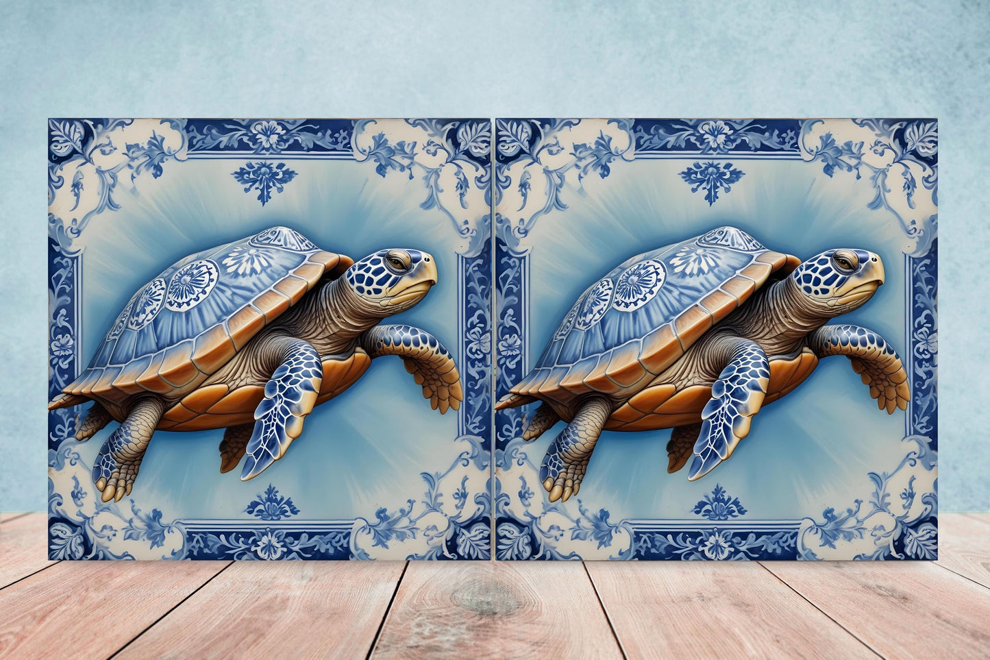 Delft Blue Turtle Ceramic Tiles - Set of 2 Ceramic Tiles - Turtle print Kitchen Backsplash Tiles -Bathroom Tiles -Turtle ceramic tiles