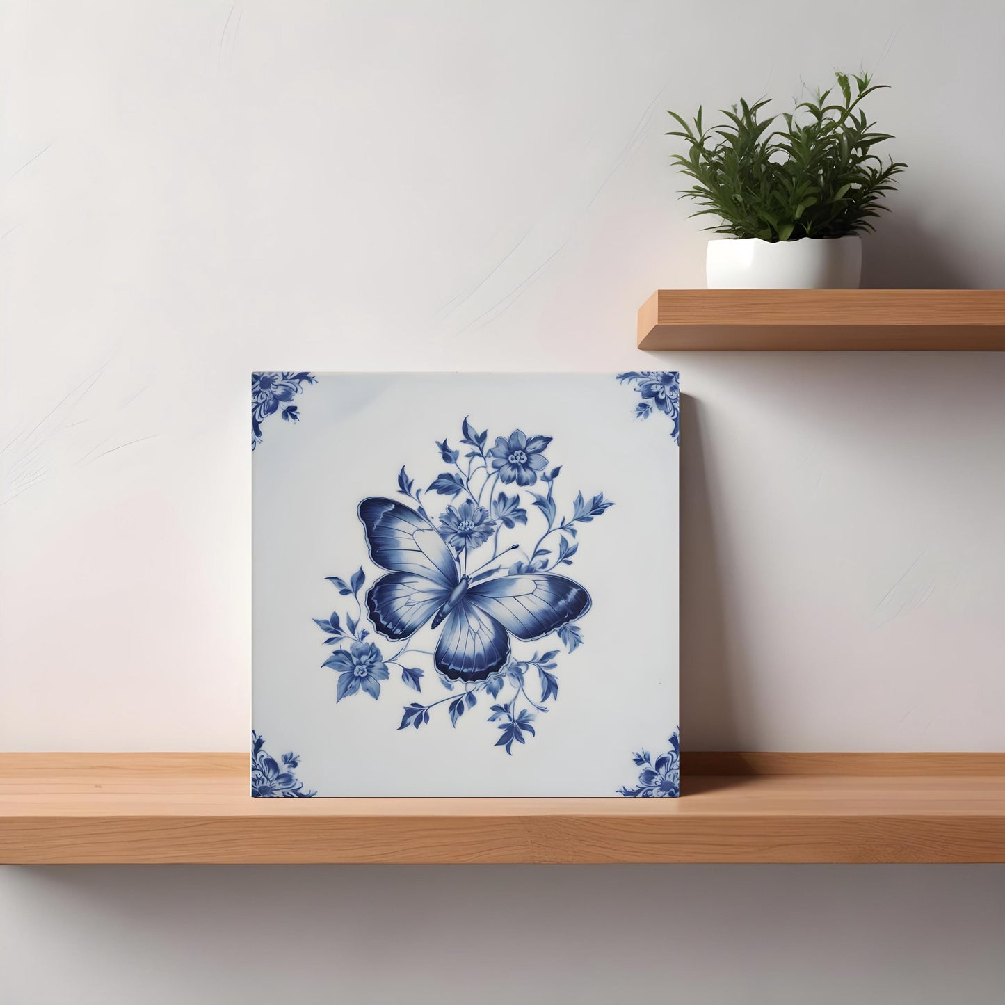 Delft Blue Butterfly Ceramic Tiles - Set of 2 Ceramic Tiles - Butterfly print Kitchen Backsplash Tiles -Bathroom Tiles -Shower ceramic tile