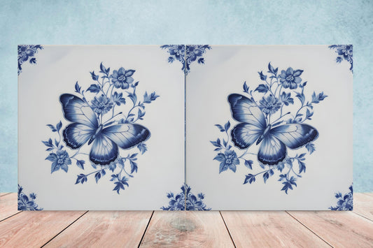 Delft Blue Butterfly Ceramic Tiles - Set of 2 Ceramic Tiles - Butterfly print Kitchen Backsplash Tiles -Bathroom Tiles -Shower ceramic tile