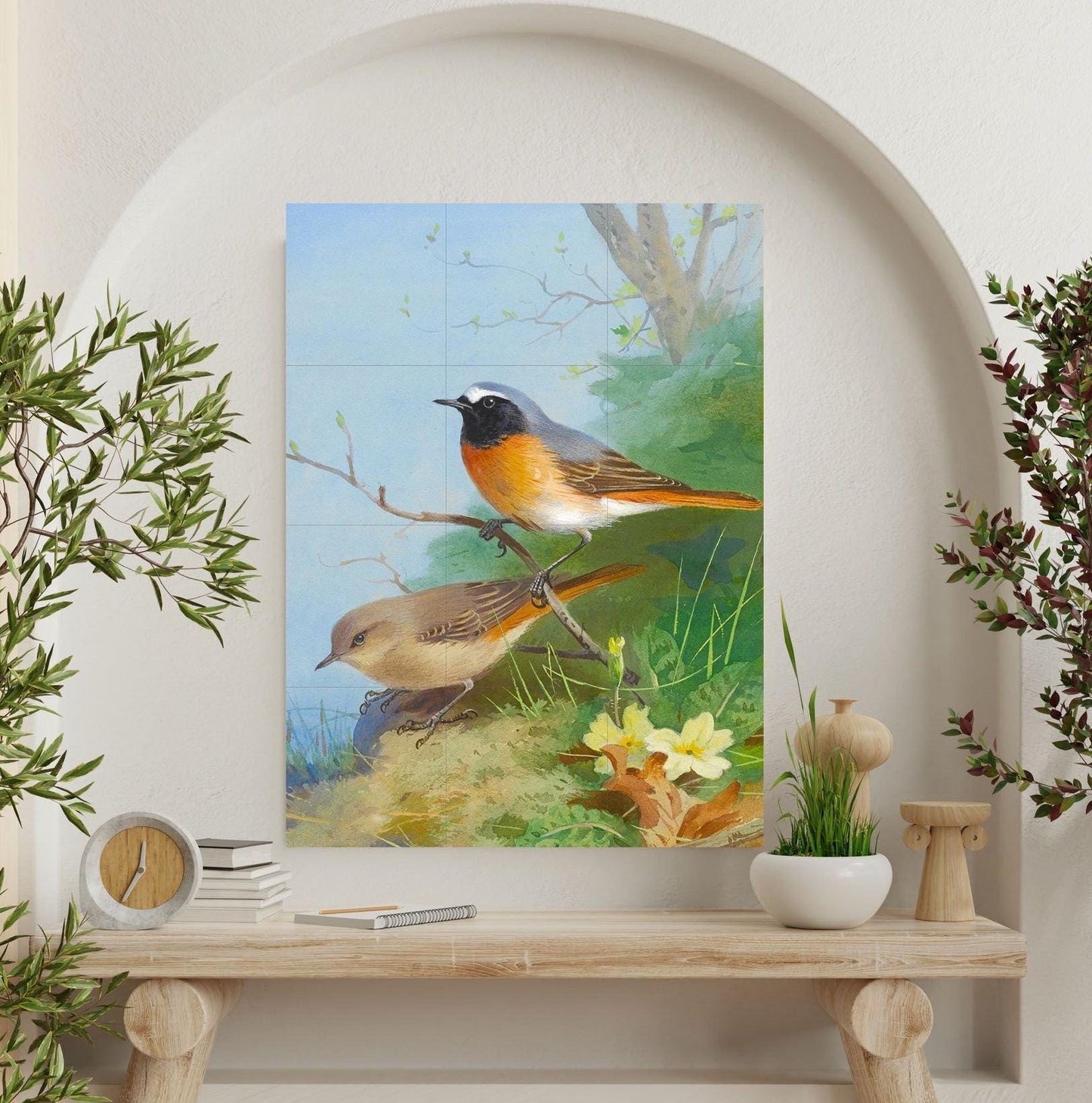 Tile Mural/Mosaic Ceramic Panel of a Pair of Redstarts - Archibald Thorburn print- Birds Mural -Bird Mosaic -Redstarts Wall Art -Gloss Tiles