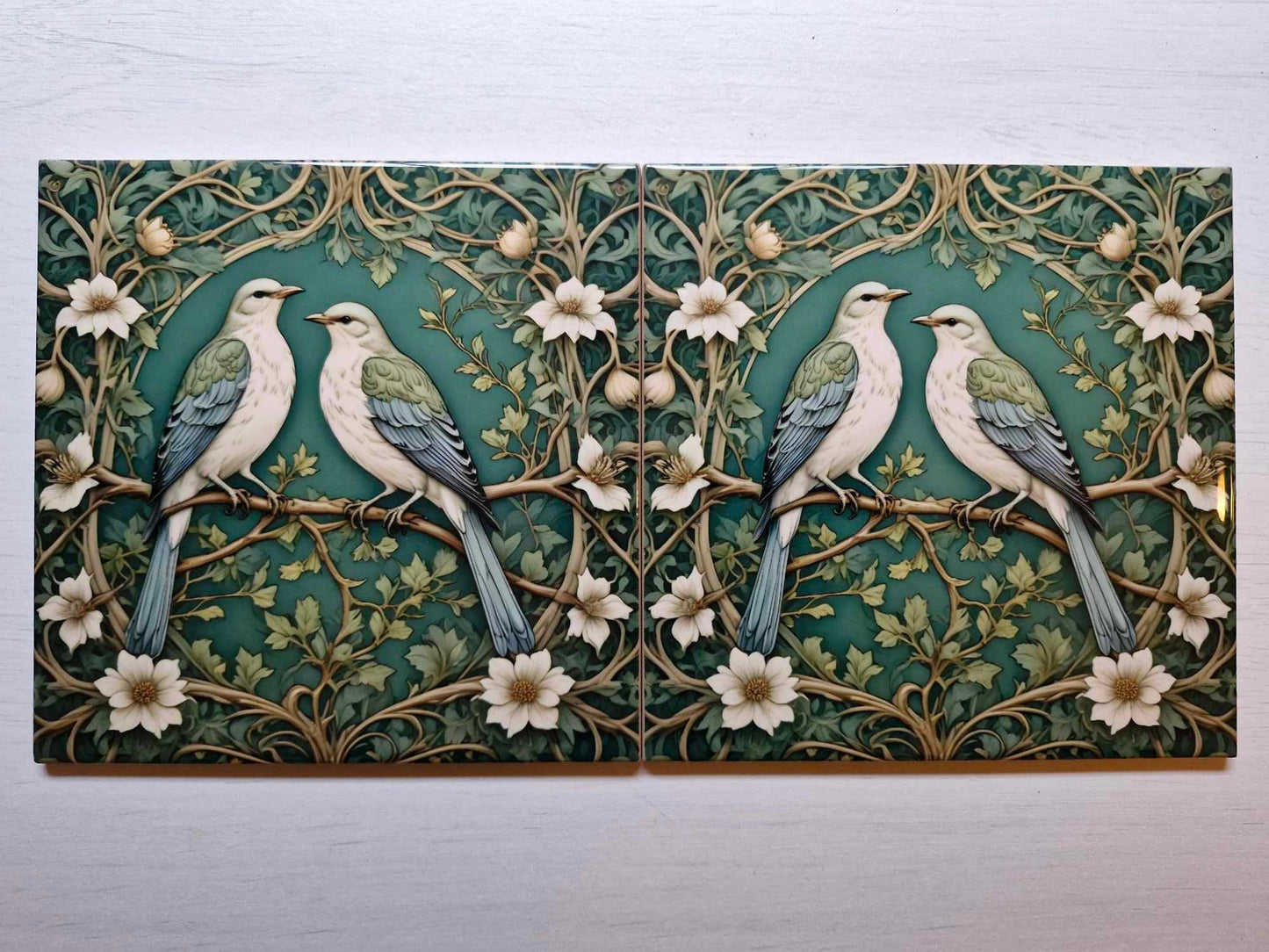 Art Nouveau Mockingbird Ceramic tiles - Set of 2 Art Nouveau Bird Wall Decor Tiles - Kitchen Backsplash Tiles, Bathroom Tiles, Shower tiles