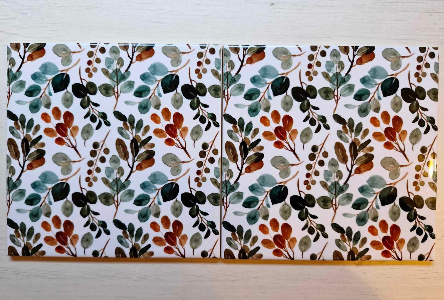 Floral Tiles Watercolor Flowers Leaves Leaf Design -Set of 2 Wall Decor Tiles-Kitchen Backsplash Tiles,Table Decorative Tiles,Bathroom tiles