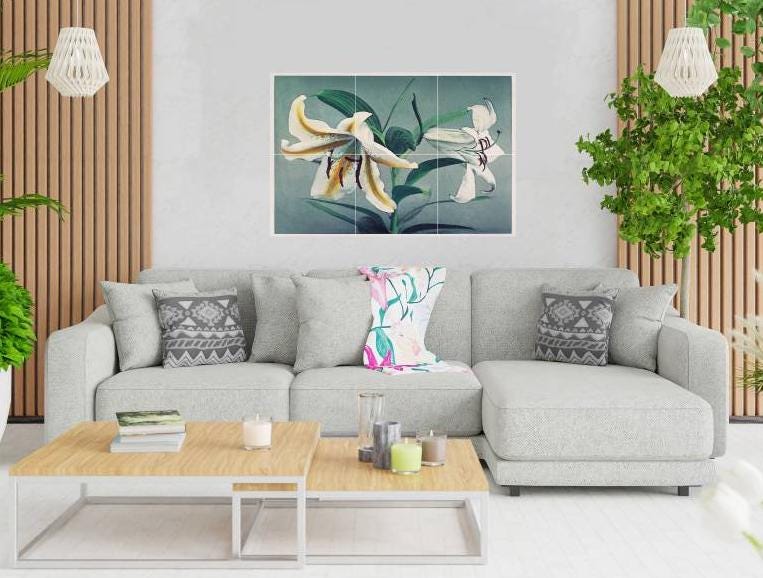 Tile Mural/Mosaic Ceramic of Kazumasa Ogawa Lily - Lily Tile Mural - Gloss Tiles - Flower Art Print - Tile Mosaic - Japanese Wall Print