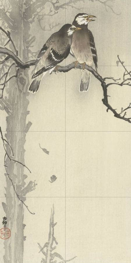 Tile Mural/Mosaic Ceramic Panel of Two Gray Starlings - Ohara Koson - Japan Art - Japanese Mural - Gloss Tiles - Tile Mosaic - Bird Mural