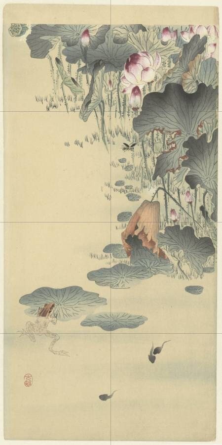 Tile Mural/Mosaic Ceramic Panel of a Frog and Tadpoles - Ohara Koson Painting- Japan Art- Japanese Mural -Gloss Tiles - Frog Tile Mosaic