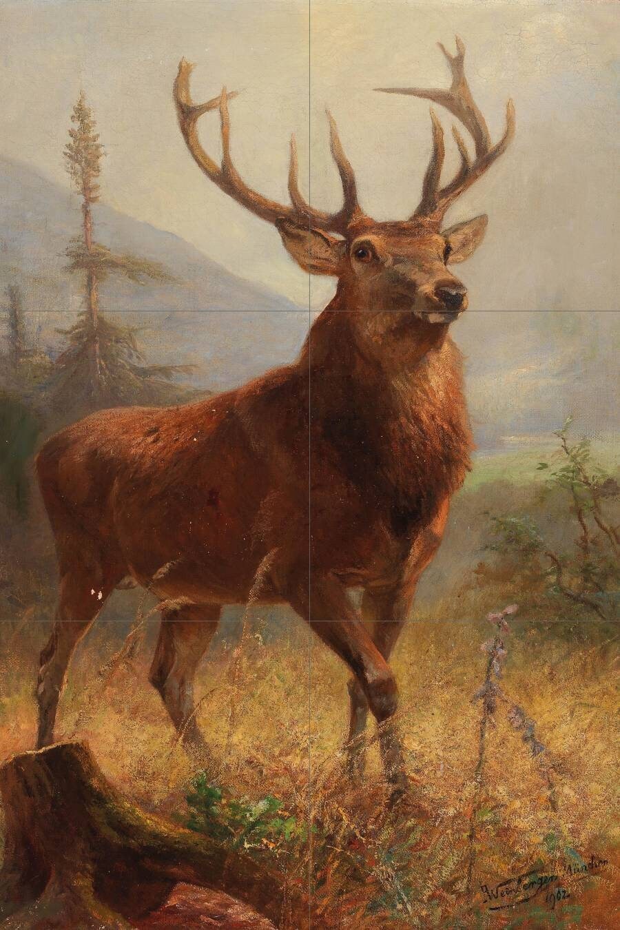 Tile Mural/Mosaic Ceramic Panel of a Trophy Stag in an Open Landscape Anton Weinberger - Deer print - Gloss Tiles - Deer Mural - Tile Mosaic