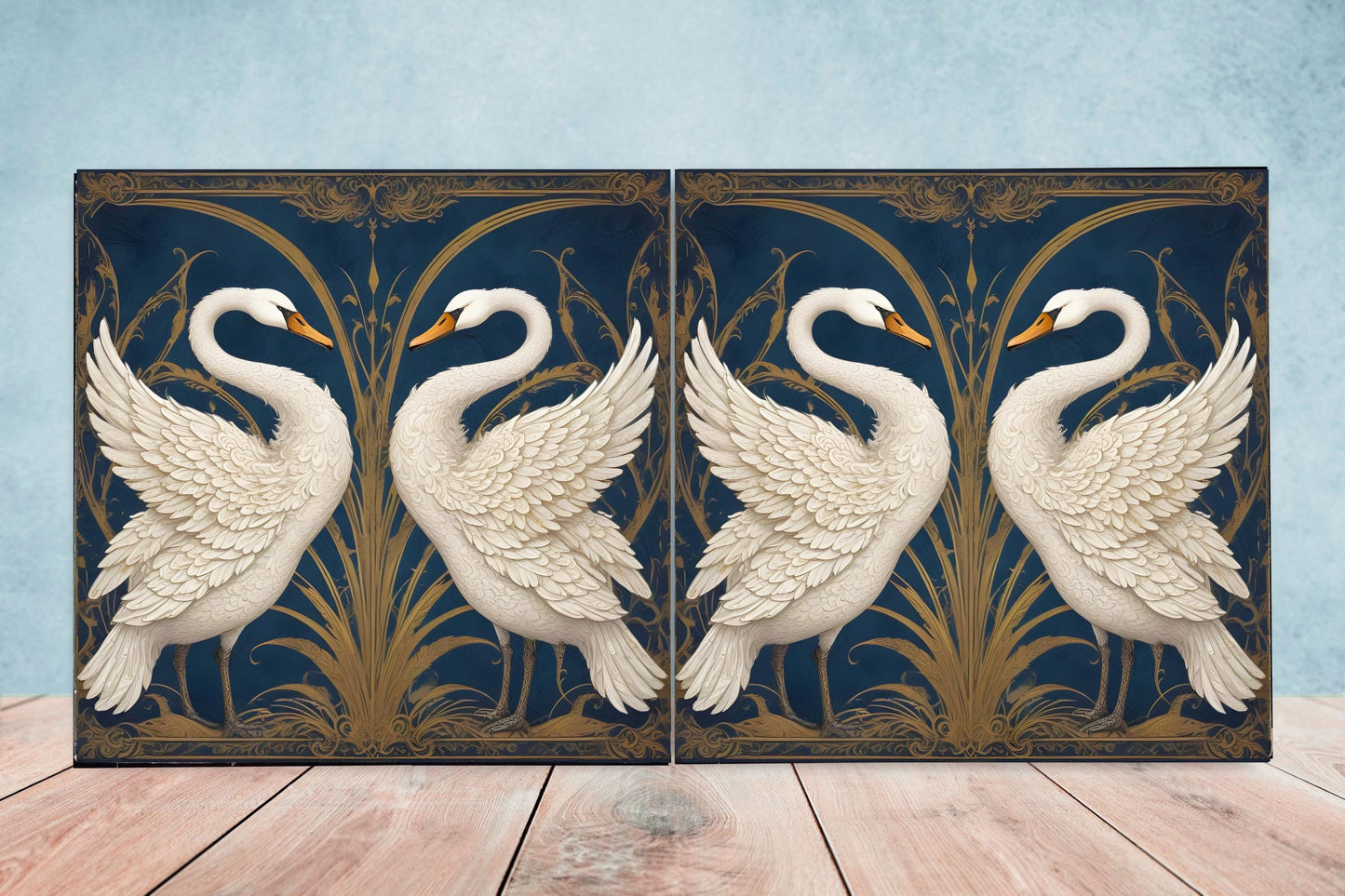 Art Nouveau Swans Ceramic tiles - Set of 2 Art Nouveau Swans Wall Decor Tiles - Kitchen Backsplash Tiles, Bathroom Tiles, Shower tiles