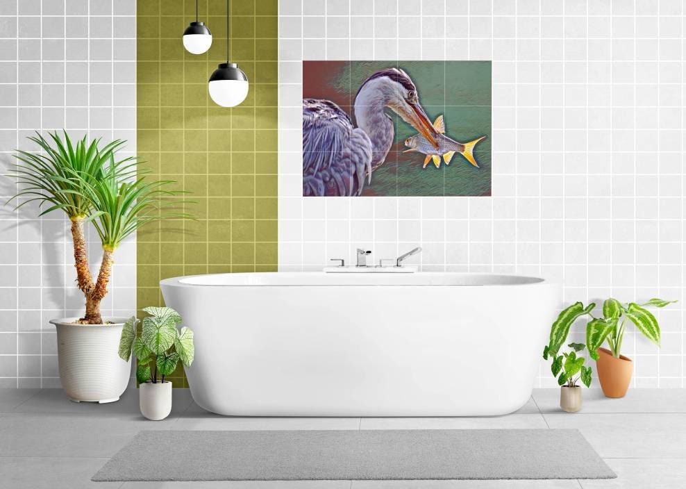 Tile Mural/Mosaic Ceramic Panel of a Heron Bird with Fish -Heron wall print - heron bird wall art - Tile Mural - Gloss Tiles - Tile Mosaic