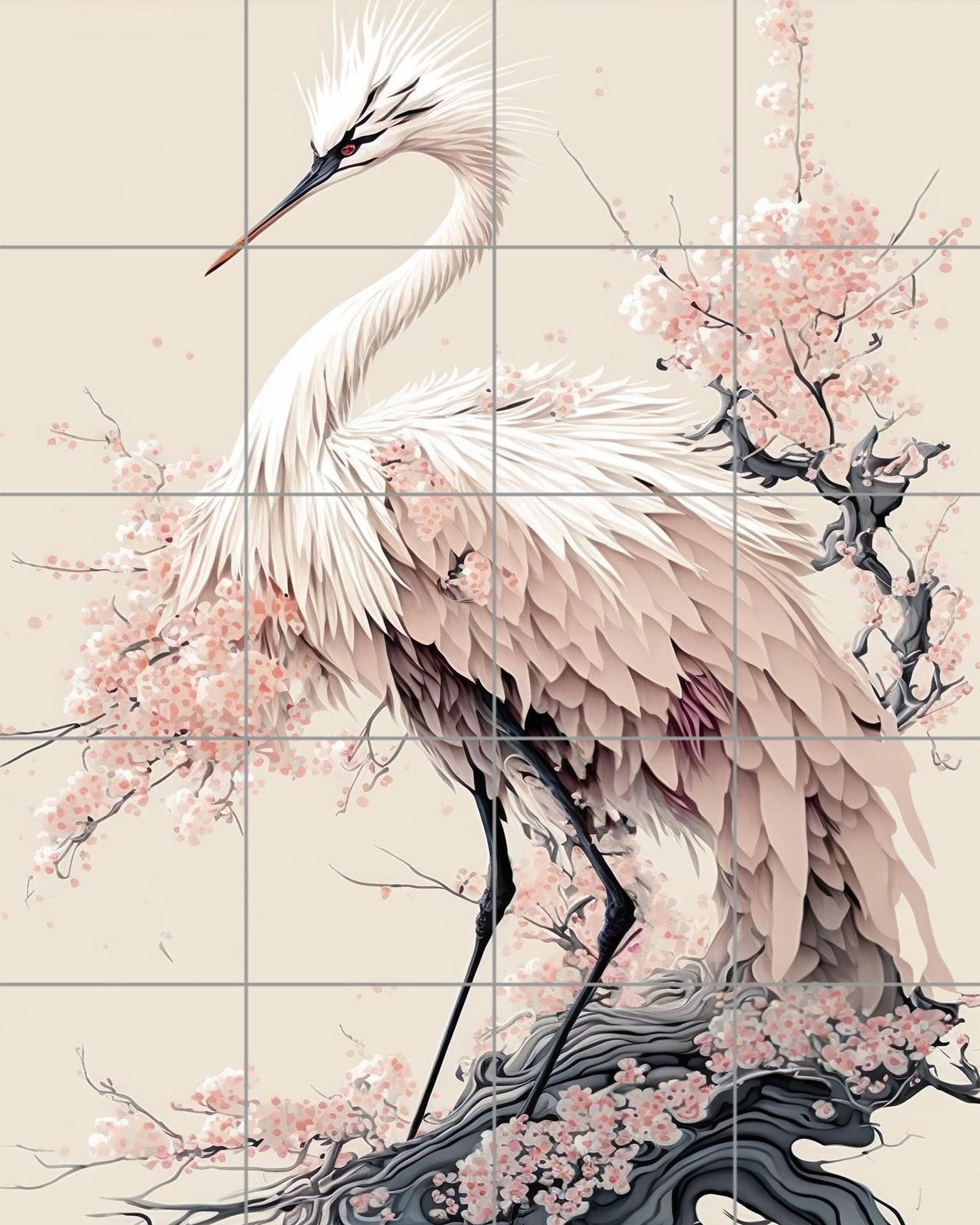Tile Mural/Mosaic Ceramic Panel of a Japanese Crane - Crane Bird Wall Art - Heron print - Bird Tile Mural -Gloss Tiles -Heron Home decor
