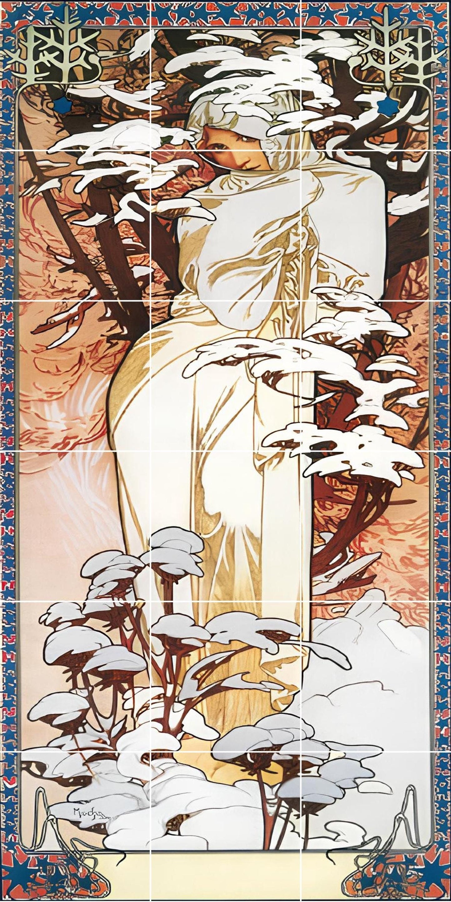 Tile Mural/Mosaic Ceramic Panel of Alphonse Mucha - Alphonse Mucha wall print - Mucha Winter wall art -Tile Mural - Gloss Tiles- Tile Mosaic
