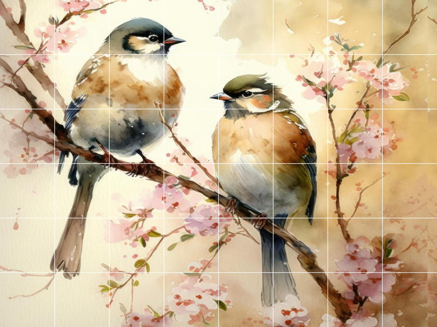 Tile Mural/Mosaic Ceramic Panel of Blue Tit Bird and Watercolour Flower - Bird And Flower Wall Art - Bird Mural- Tit Bird Print - Tit Birds