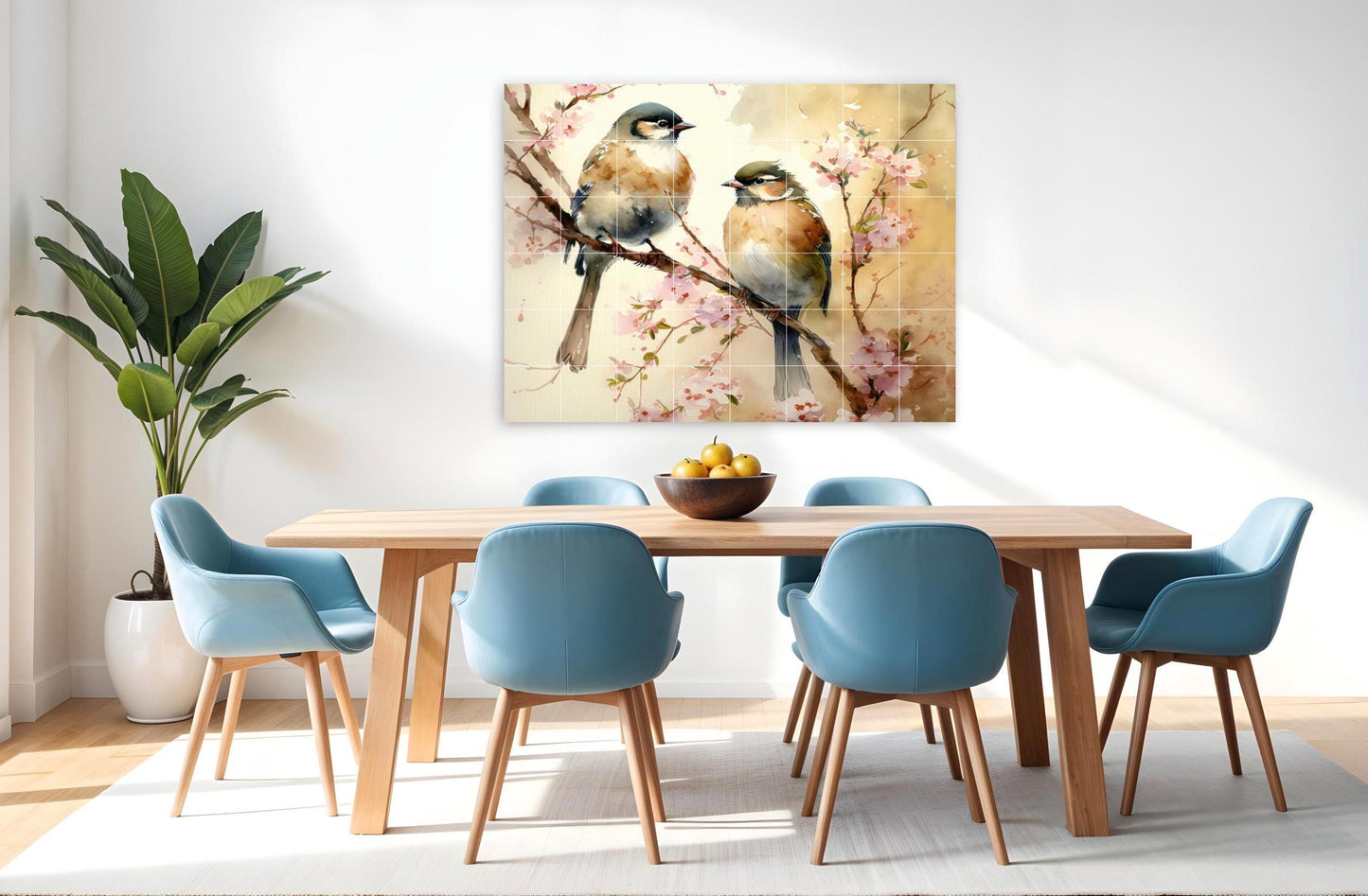 Tile Mural/Mosaic Ceramic Panel of Blue Tit Bird and Watercolour Flower - Bird And Flower Wall Art - Bird Mural- Tit Bird Print - Tit Birds