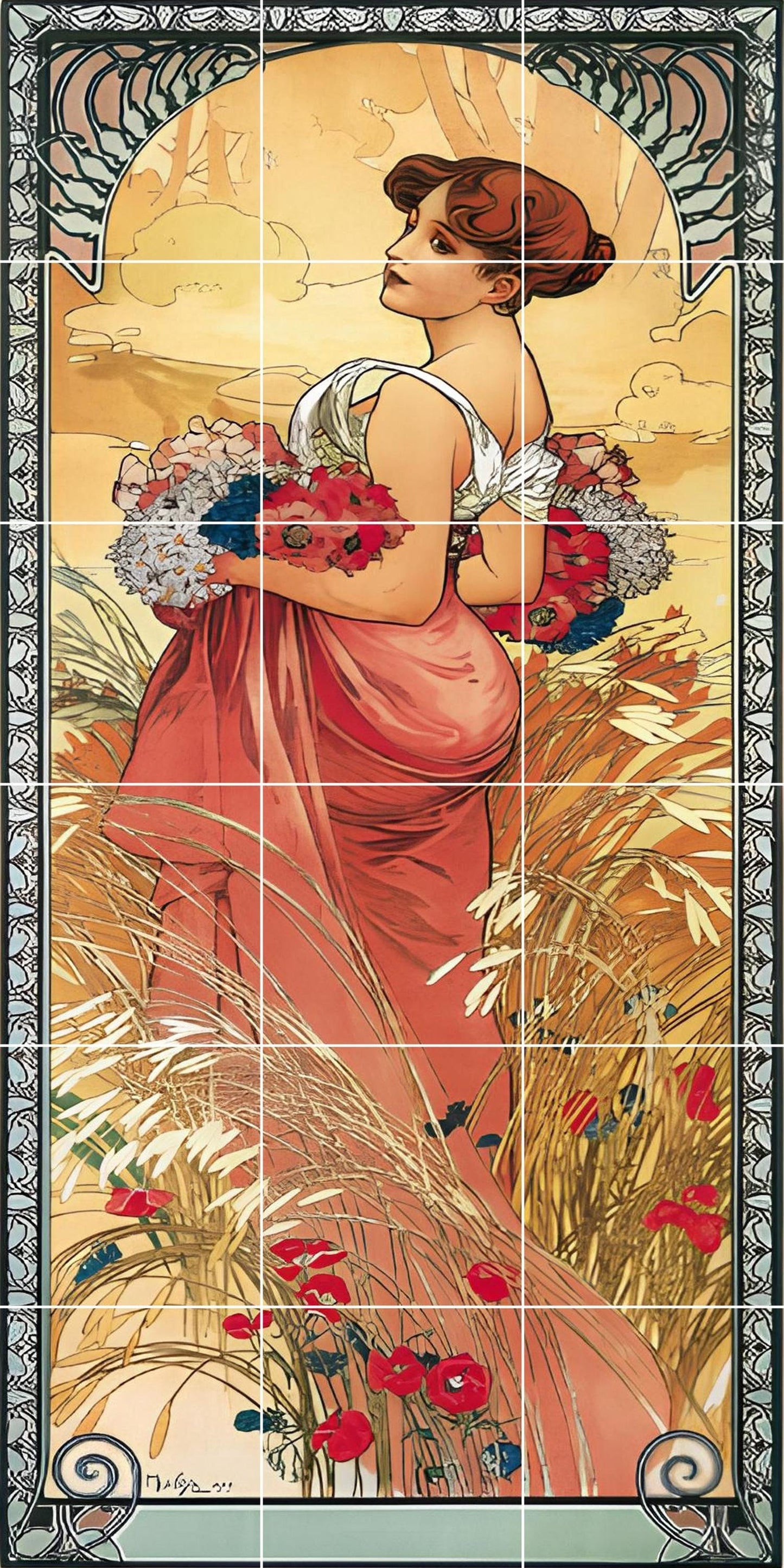 Tile Mural/Mosaic Ceramic Panel of Alphonse Mucha - Alphonse Mucha wall print - Mucha Summer wall art - Tile Mural -Alphonse Mucha la Plume