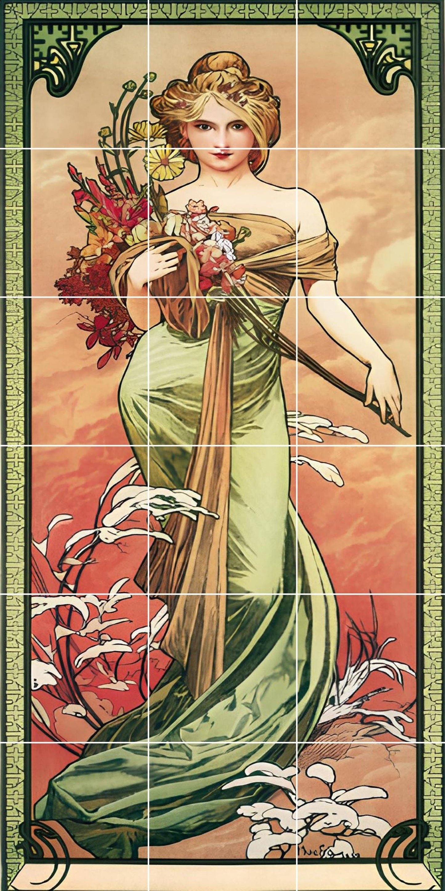 Tile Mural/Mosaic Ceramic Panel of Alphonse Mucha - Alphonse Mucha wall print - Mucha Spring wall art - Tile Mural -Gloss Tiles- Tile Mosaic
