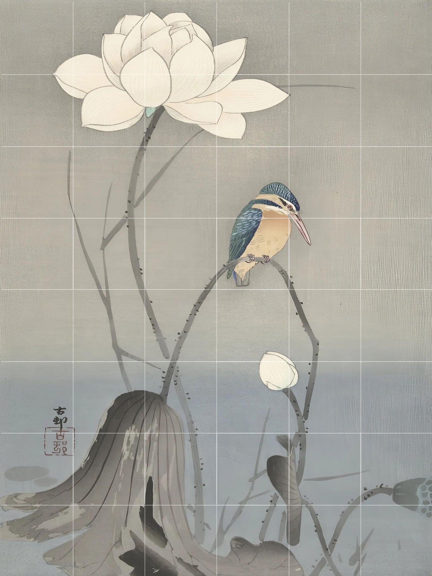 Tile Mural/Mosaic Ceramic Panel of a Kingfisher with Lotus Flower - Ohara Koson - Japanese Art - Tile Mural - Gloss Tiles - Tile Mosaic